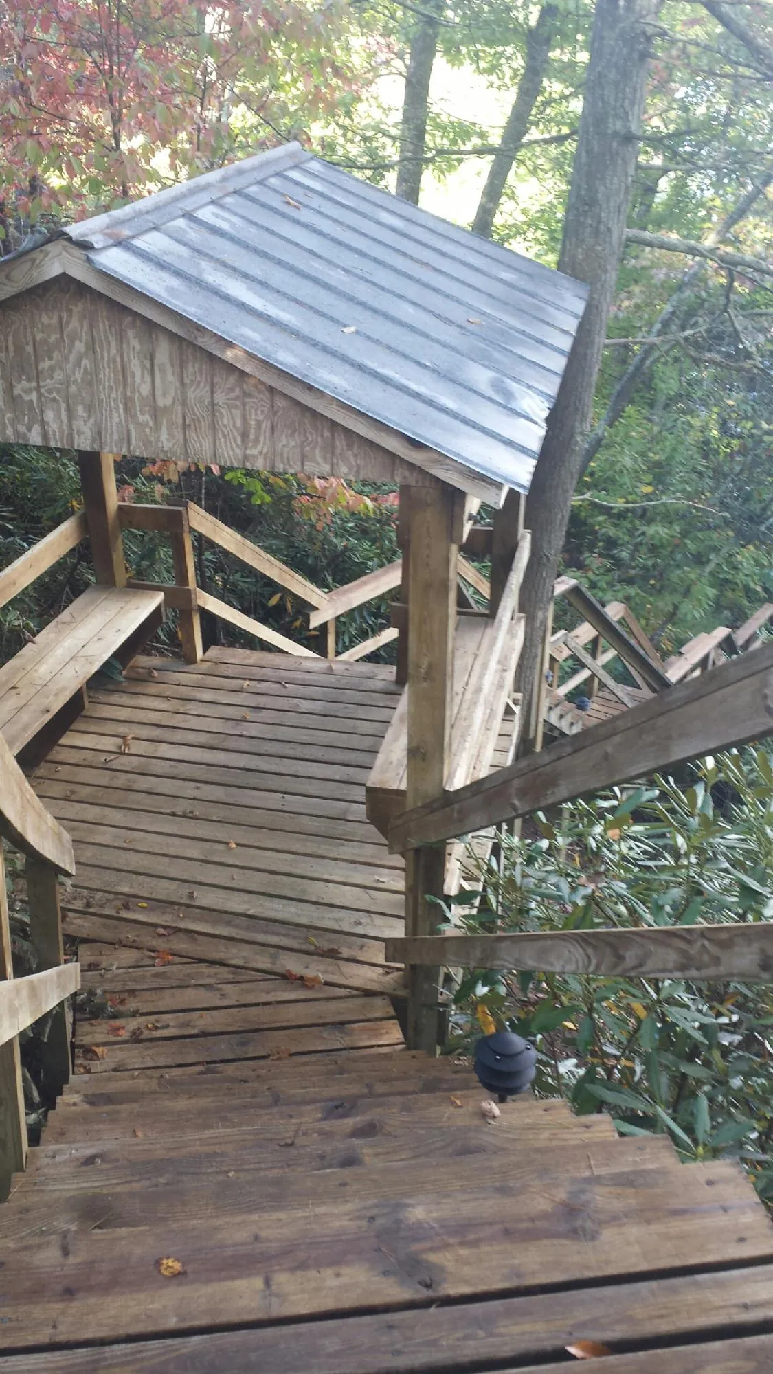 Metal roofed shelter over wooden steps on a wooded walkway — Skylight Repair & Installation work by our crew in Lagro